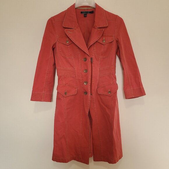 Peruvian Connection Paola Denim Trench Coat Coral 2 - Picture 1 of 9
